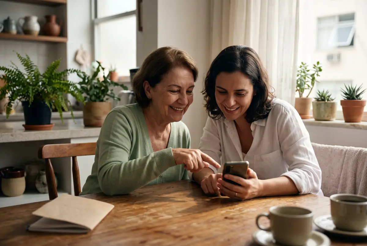 Filha e mãe sentadas à mesa da cozinha olhando juntas o celular