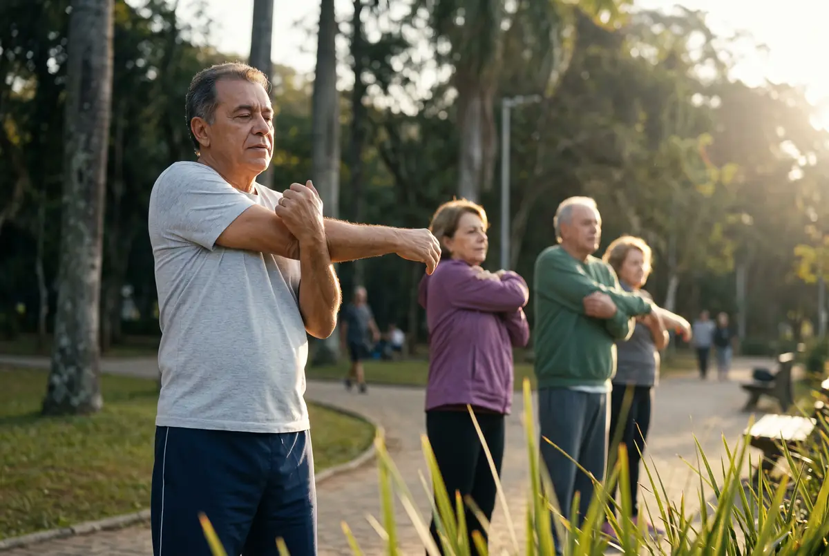 Homem de cerca de 65 anos fazendo alongamento em um parque com outras pessoas
